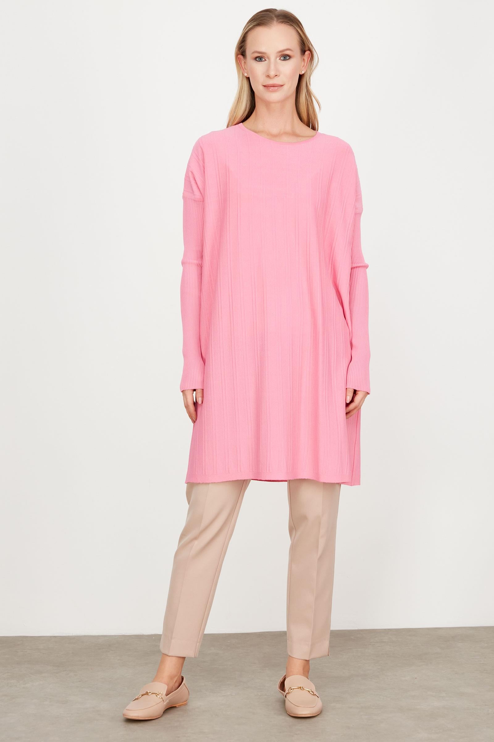 T KALIP ÇİZGİ DETAYLI BASİC RAYON TUNİK PEMBE