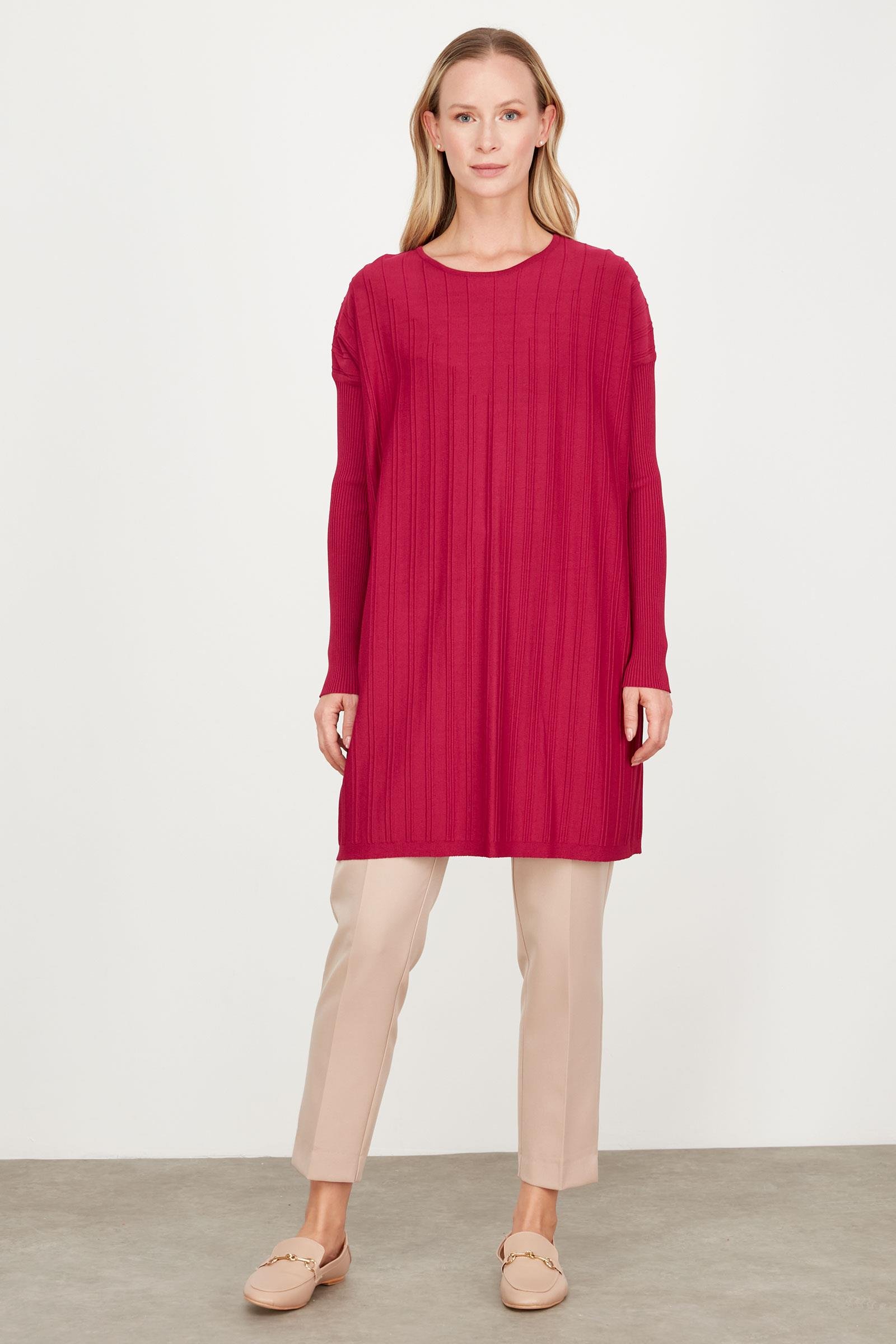 T KALIP ÇİZGİ DETAYLI BASİC RAYON TUNİK FUŞYA