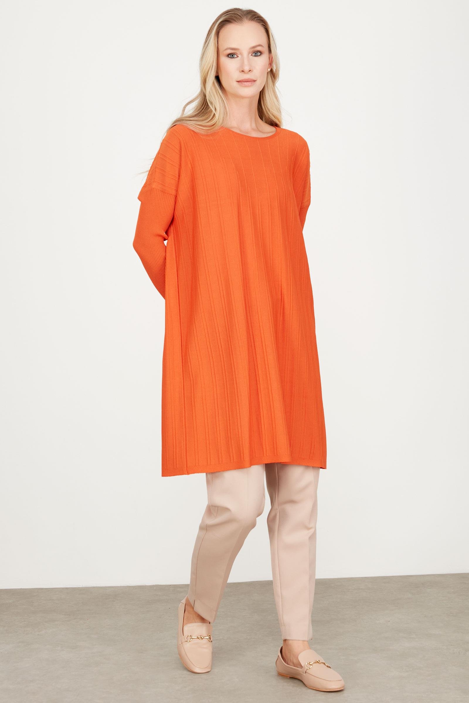 T KALIP ÇİZGİ DETAYLI BASİC RAYON TUNİK KİREMİT