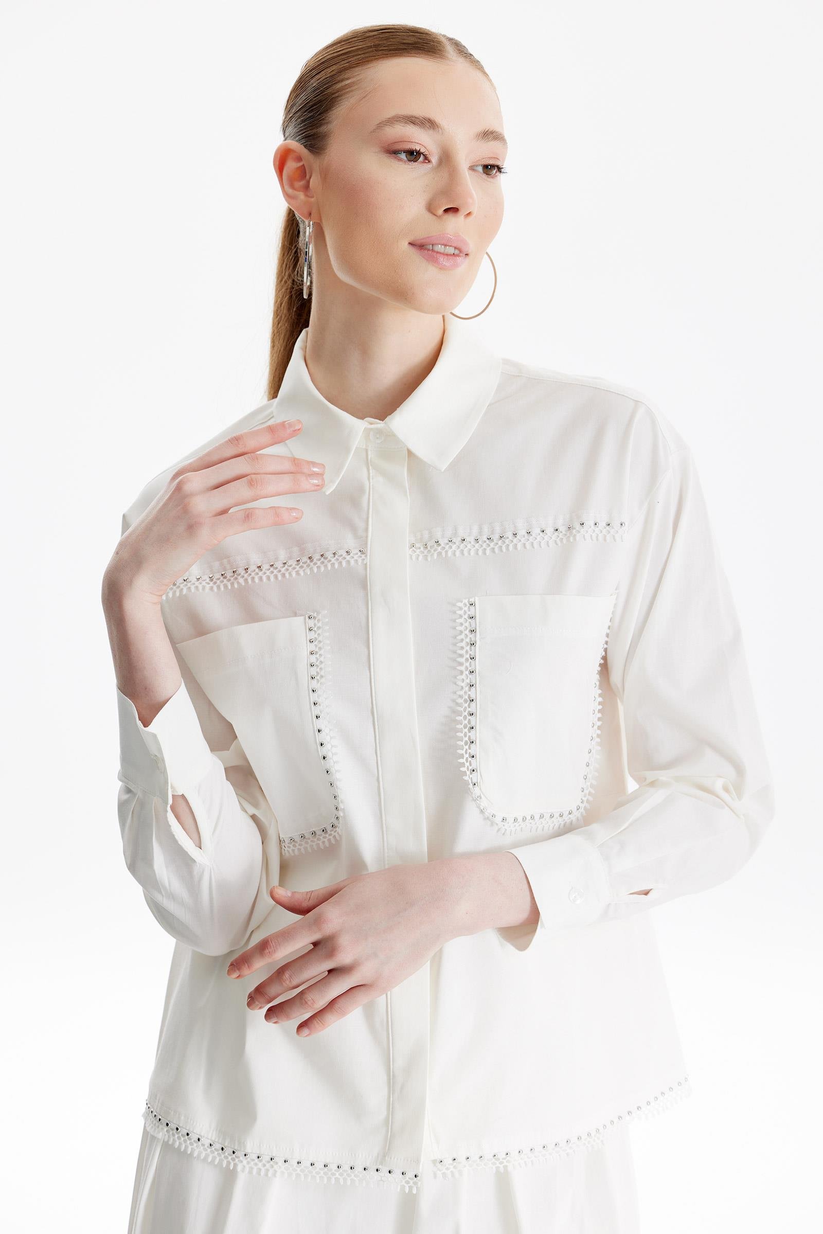 Taş Detaylı Etekli Dokuma Takım EKRU