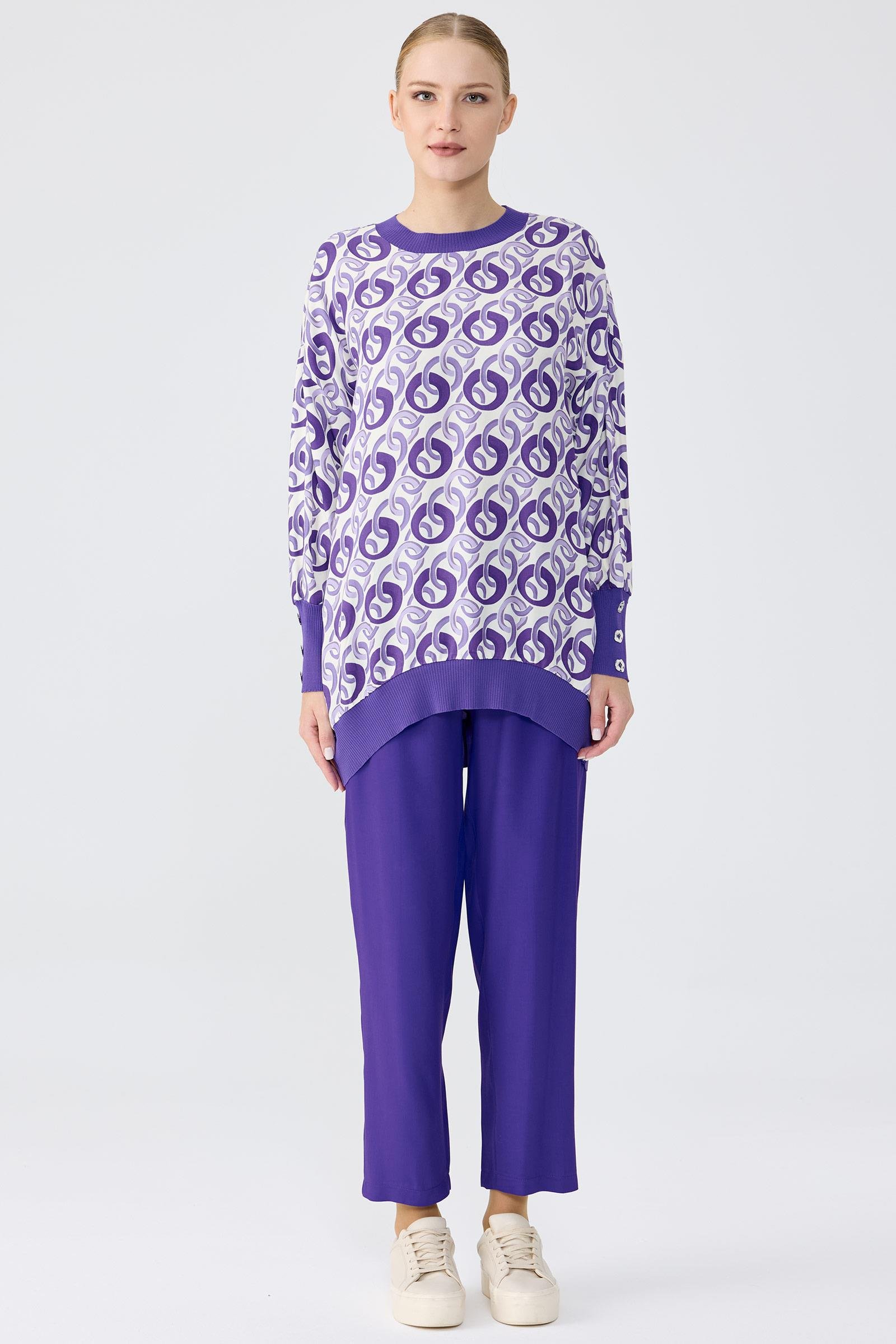 Triko Ribanalı Manşetleri Düğme Detaylı Tunik Pantolon Takim MOR