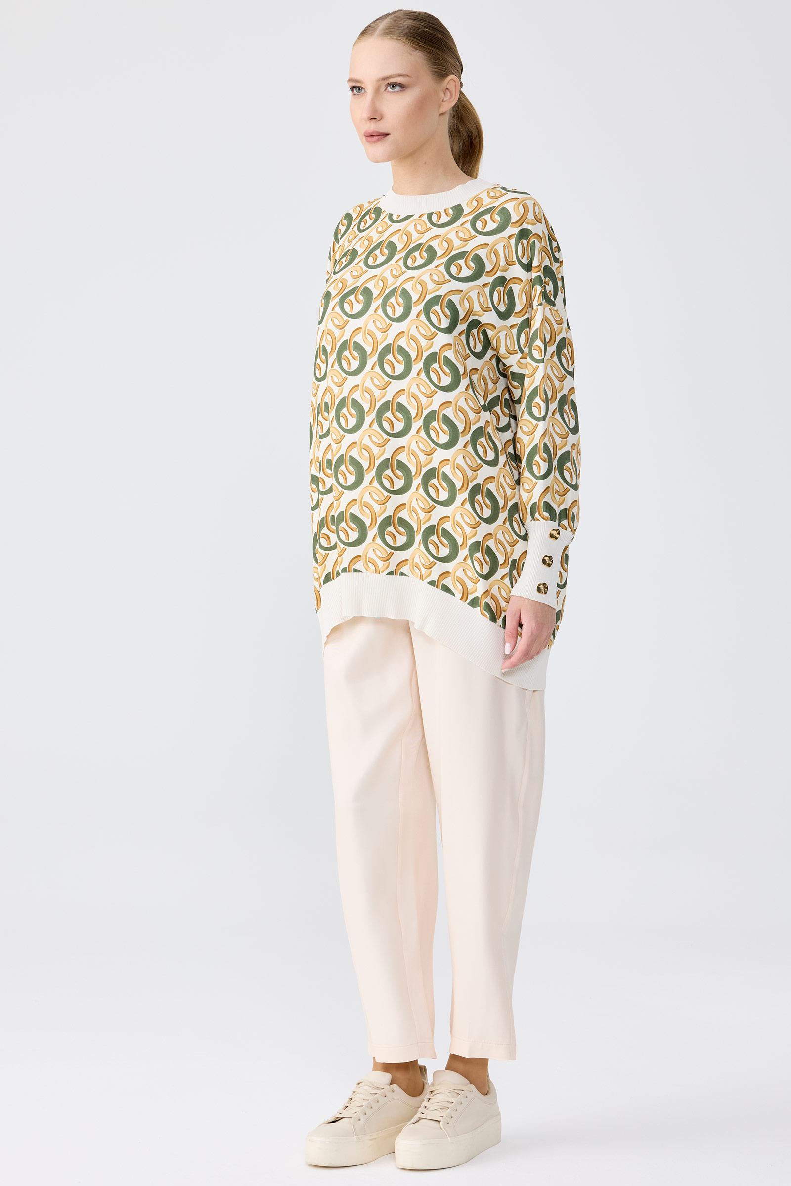 Triko Ribanalı Manşetleri Düğme Detaylı Tunik Pantolon Takim BEJ