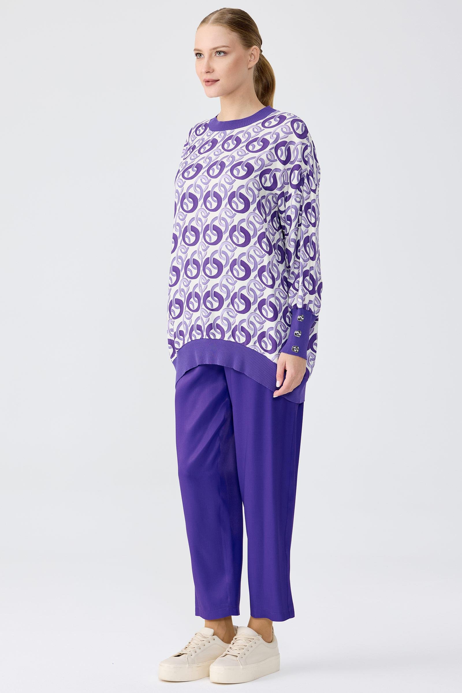 Triko Ribanalı Manşetleri Düğme Detaylı Tunik Pantolon Takim MOR