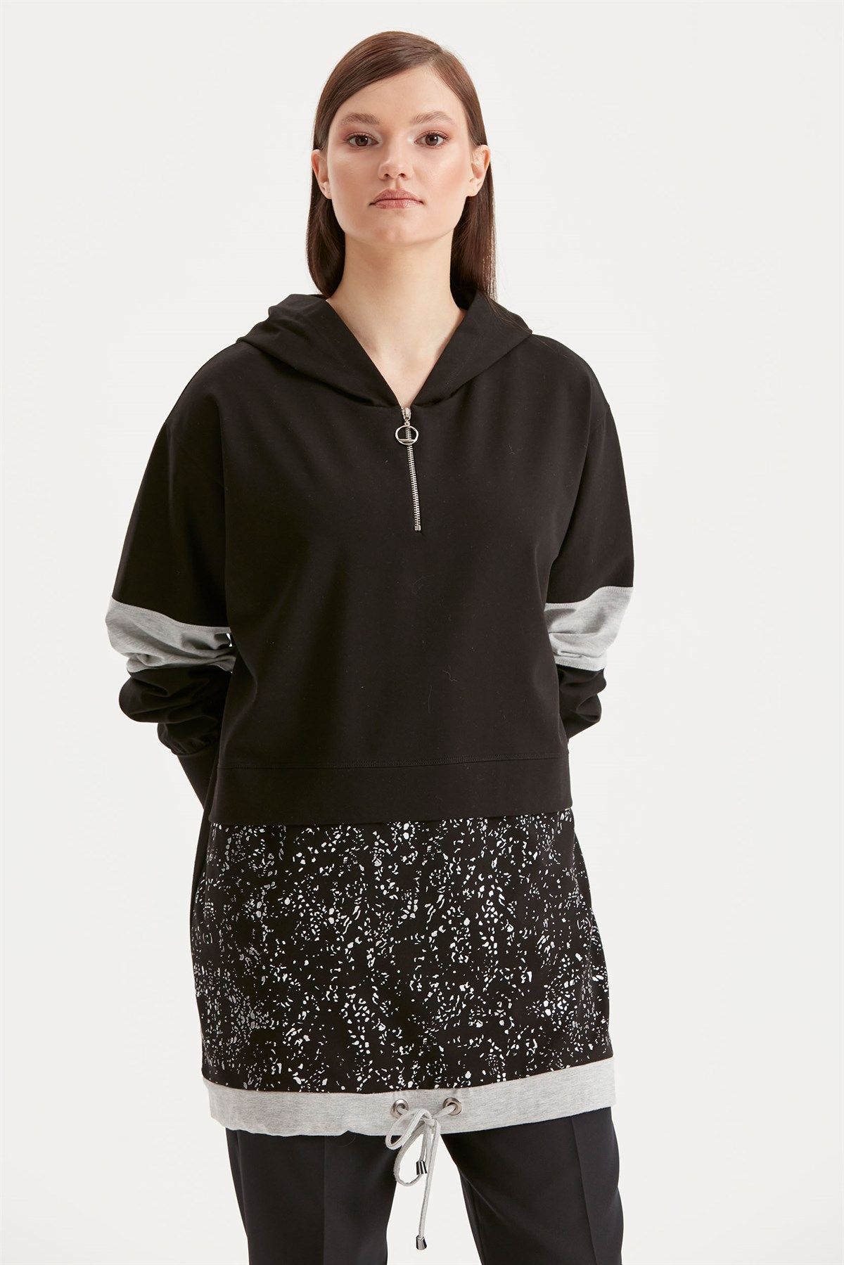 Varak Baskılı Kapüşonlu Sweat Tunik