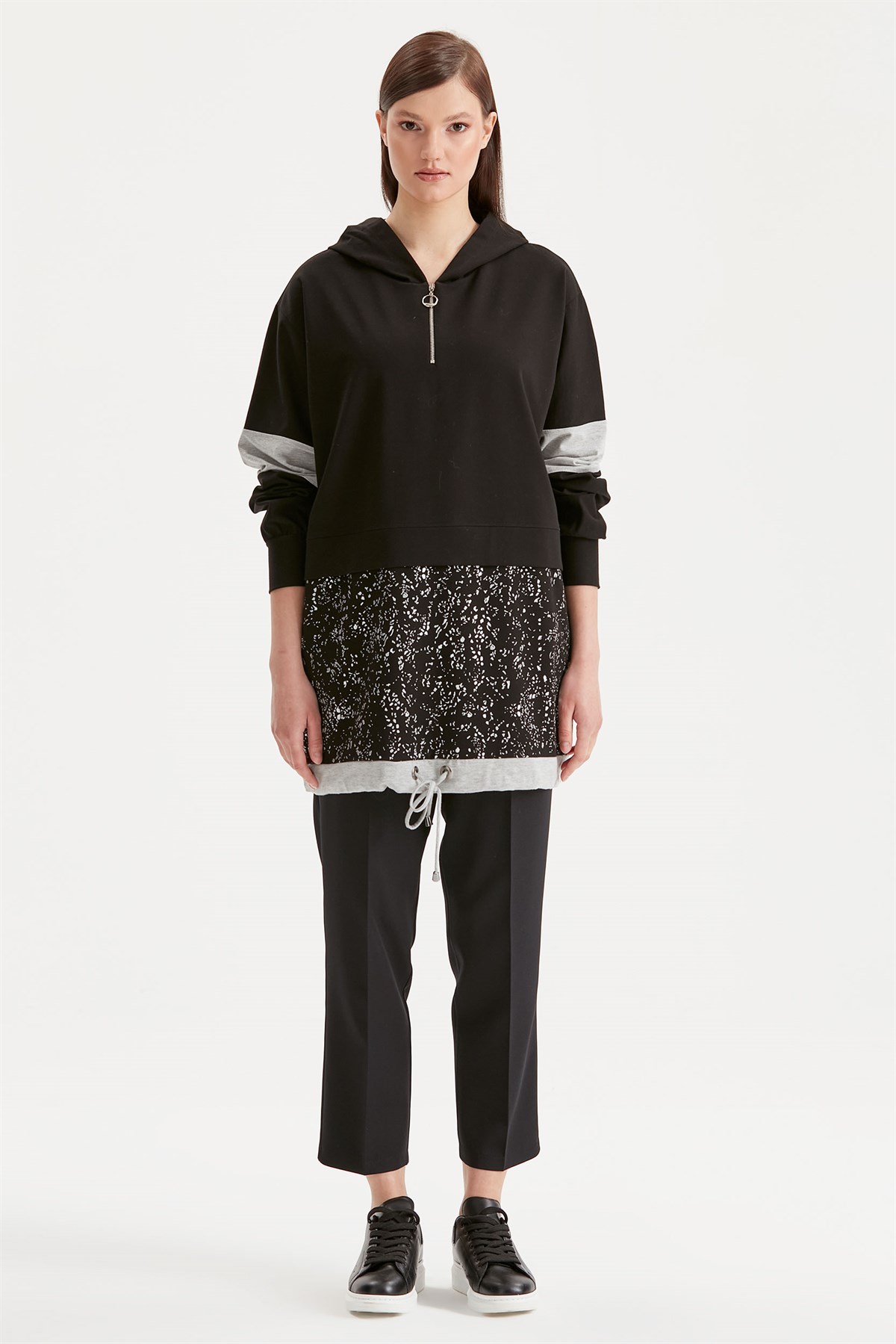Varak Baskılı Kapüşonlu Sweat Tunik