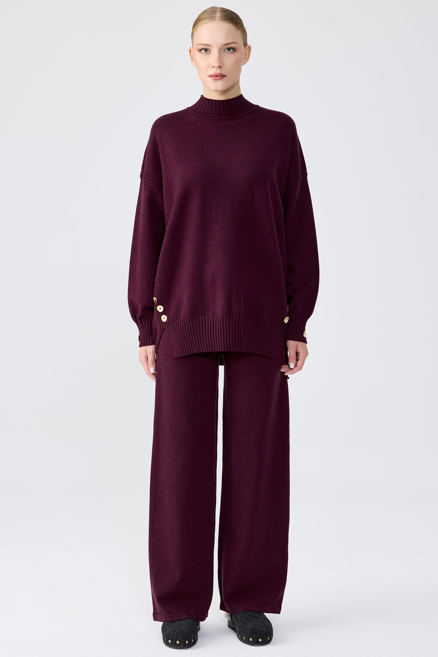 Yanları Düğmeli Tunik Pantolon Takım MÜRDÜM