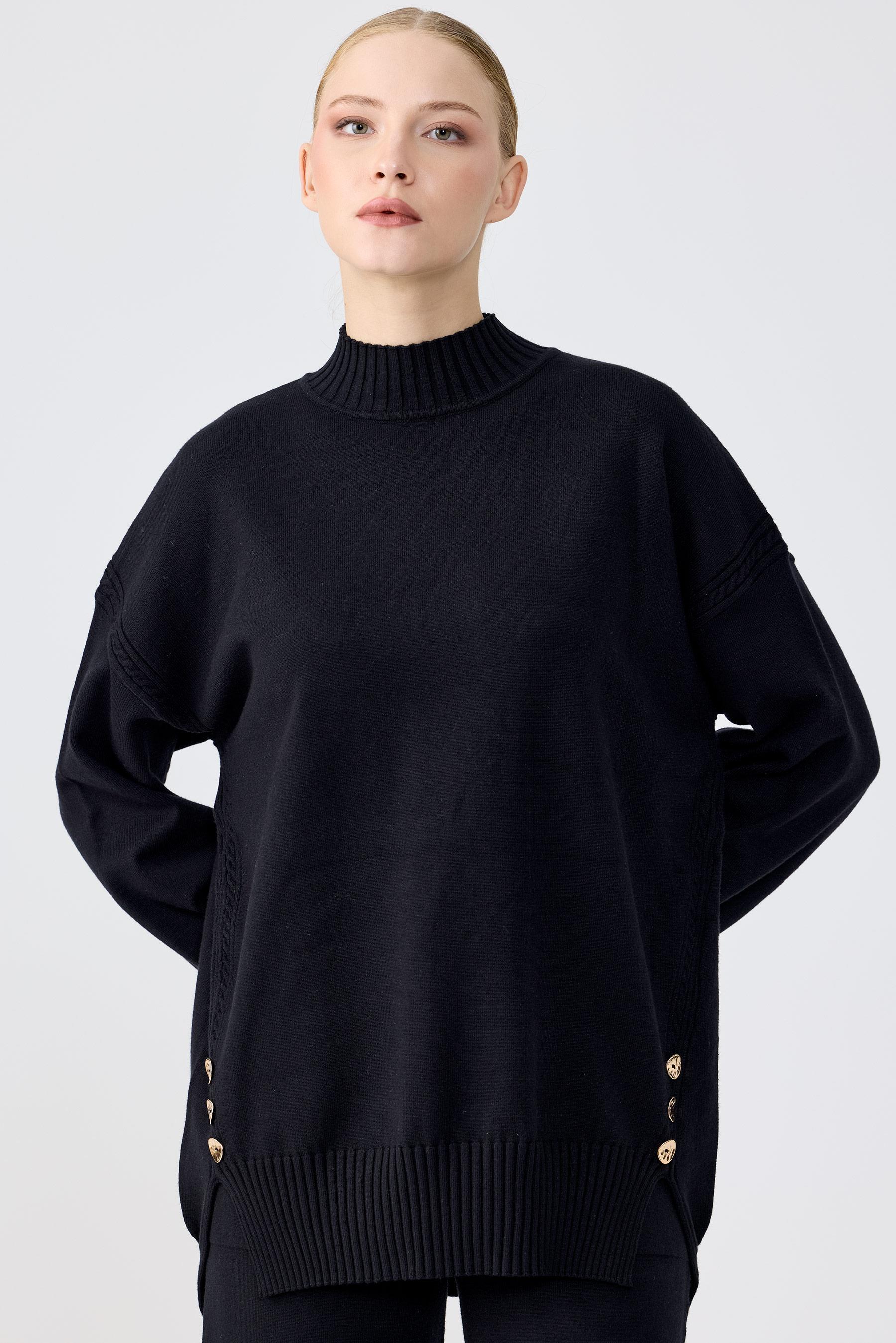 Yanları Düğmeli Tunik Pantolon Takım SİYAH