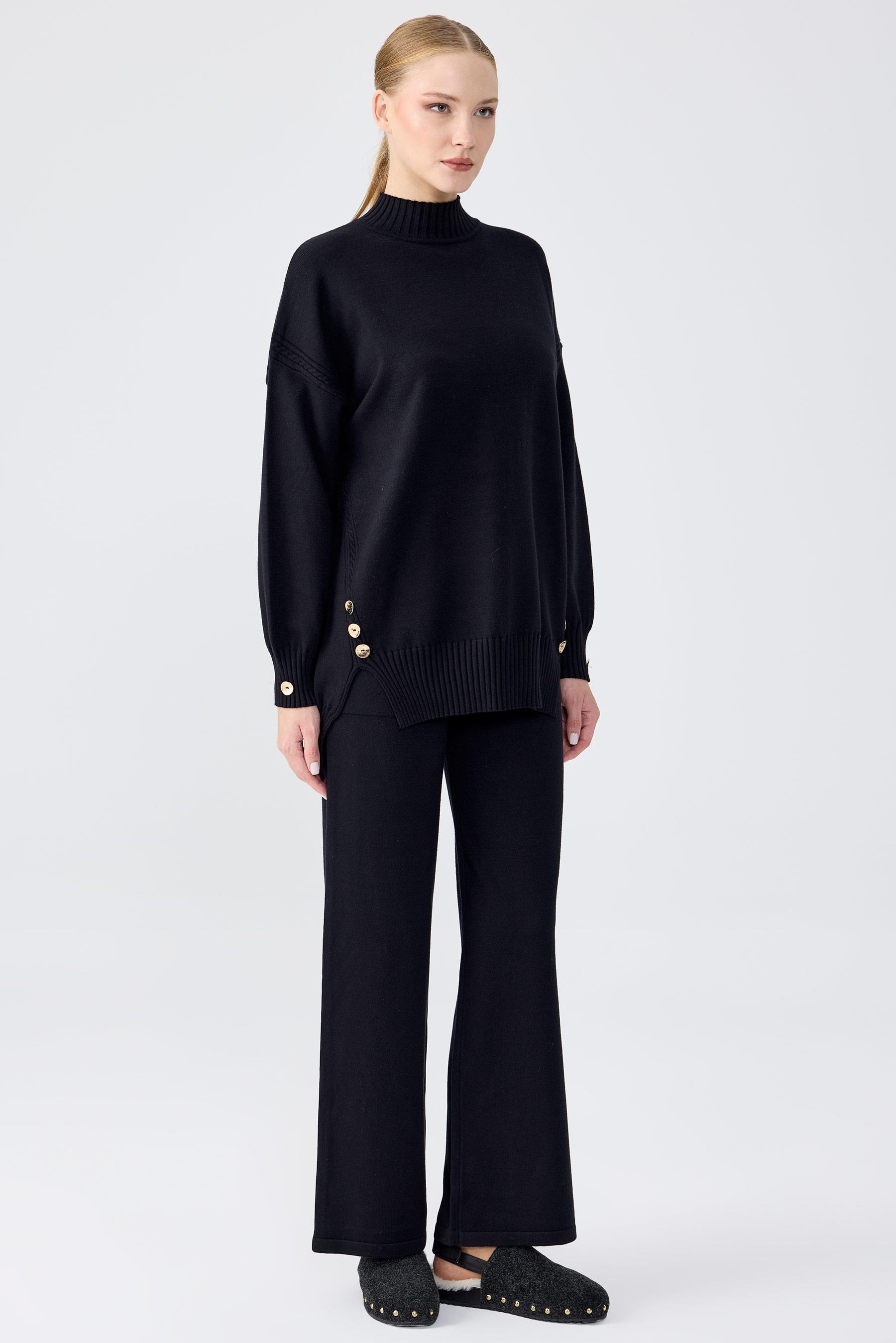 Yanları Düğmeli Tunik Pantolon Takım SİYAH