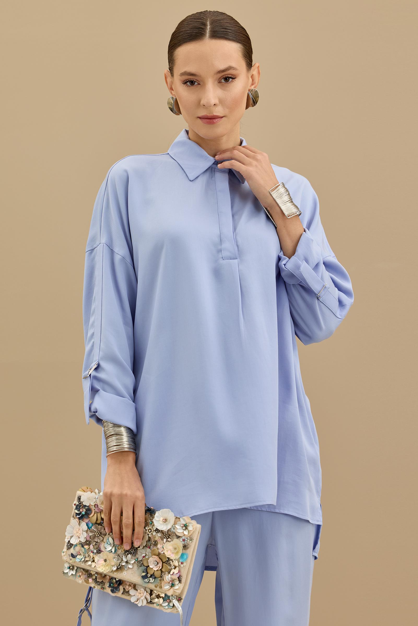 Yarım Patlı Apoletli Pantolon Tunik Takım MAVİ