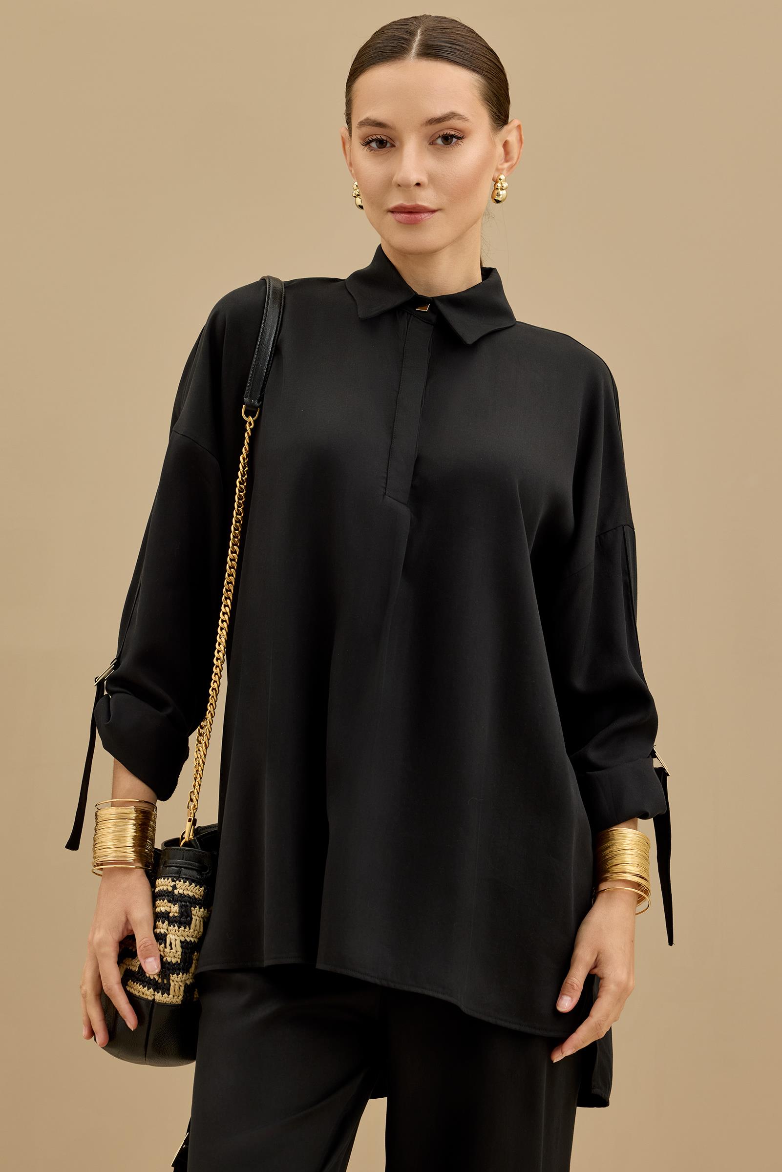 Yarım Patlı Apoletli Pantolon Tunik Takım SİYAH