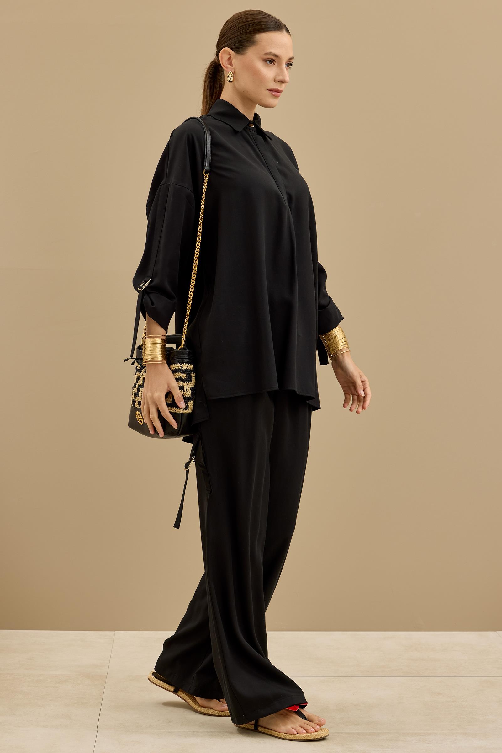 Yarım Patlı Apoletli Pantolon Tunik Takım SİYAH