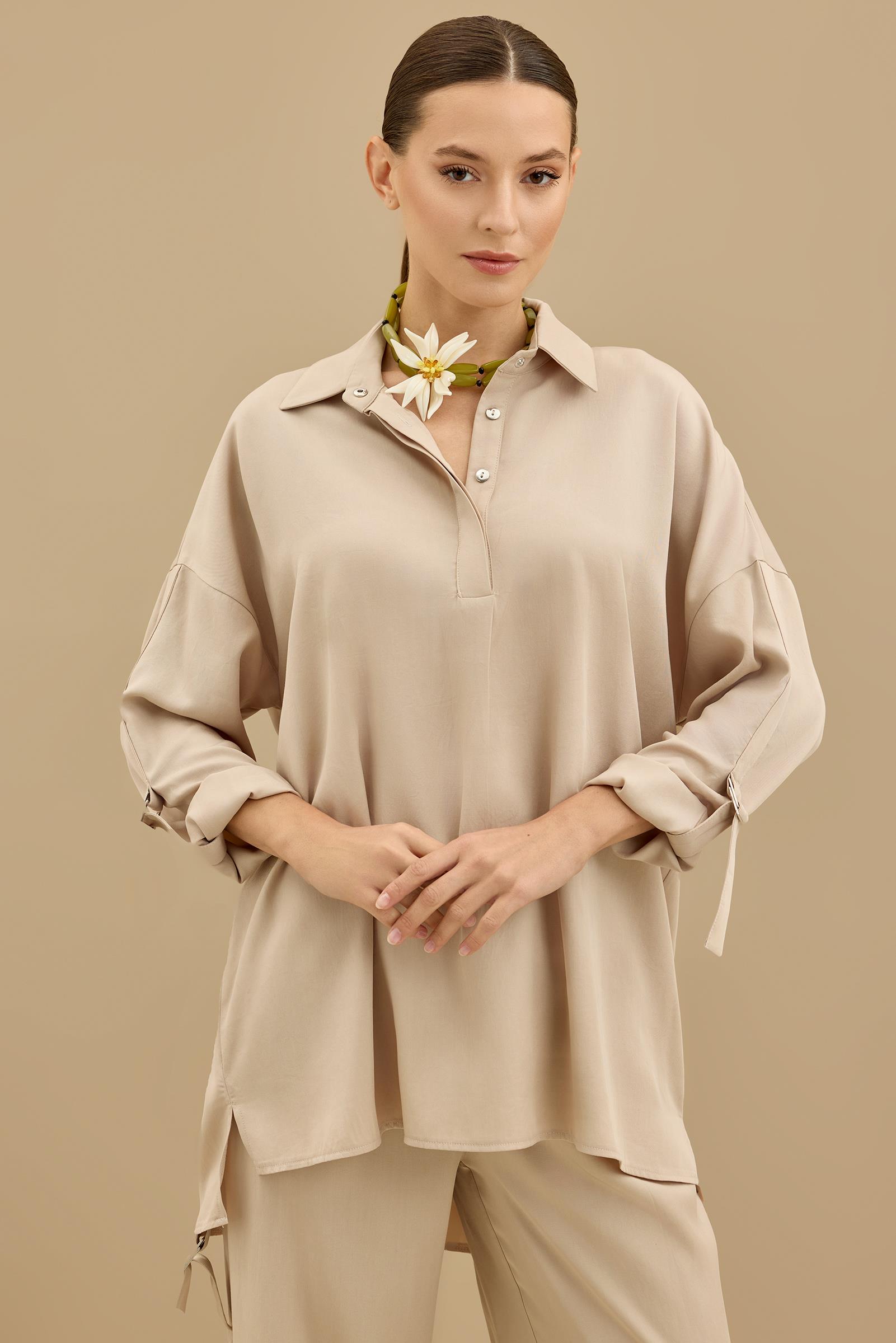 Yarım Patlı Apoletli Pantolon Tunik Takım BEJ