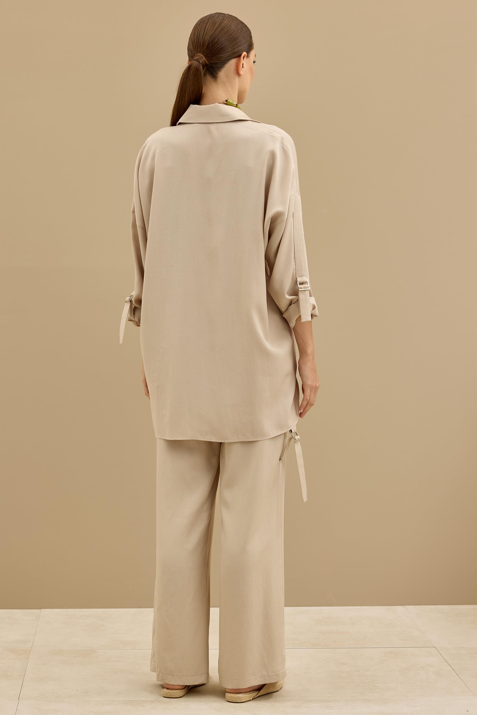 Yarım Patlı Apoletli Pantolon Tunik Takım BEJ