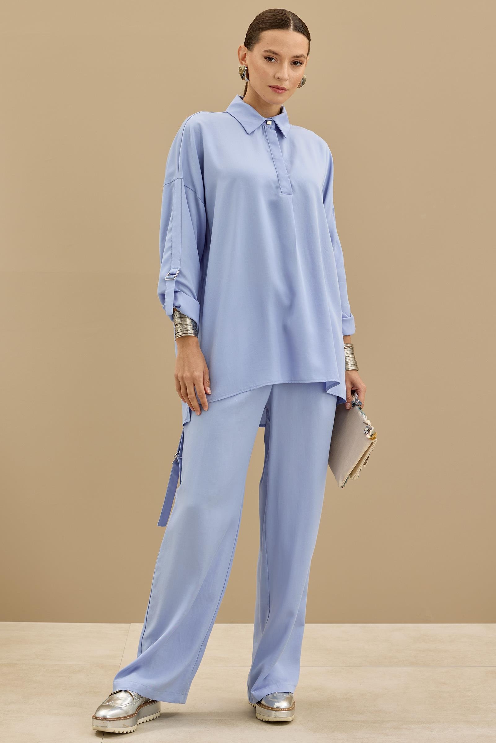 Yarım Patlı Apoletli Pantolon Tunik Takım MAVİ