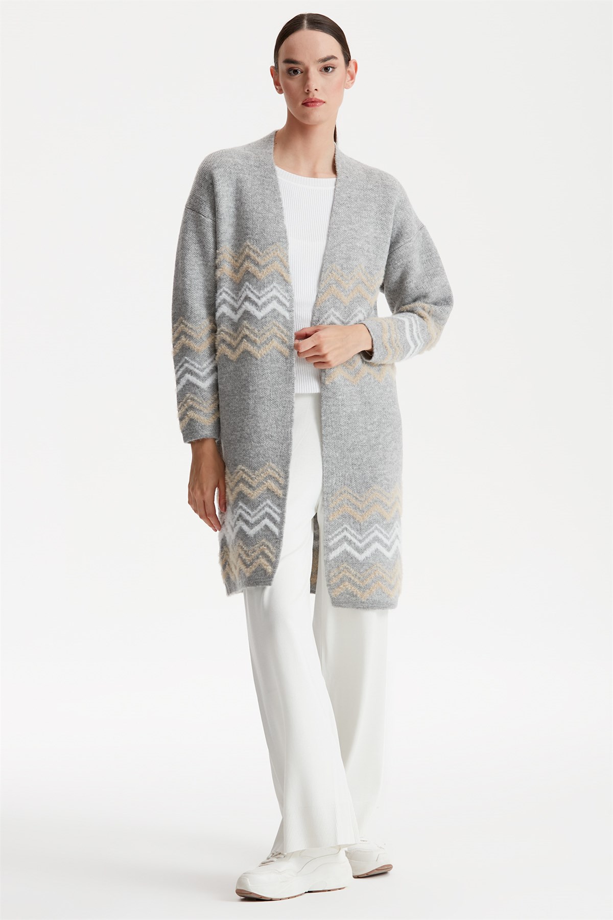 ZİKZAK ÇİZGİ DETAYLI TRİKO HIRKA GRİ