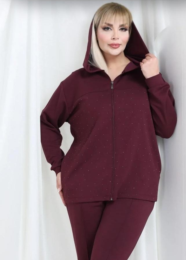 Bordo taş detaylı fermuarlı hırka ve eşofman altı 