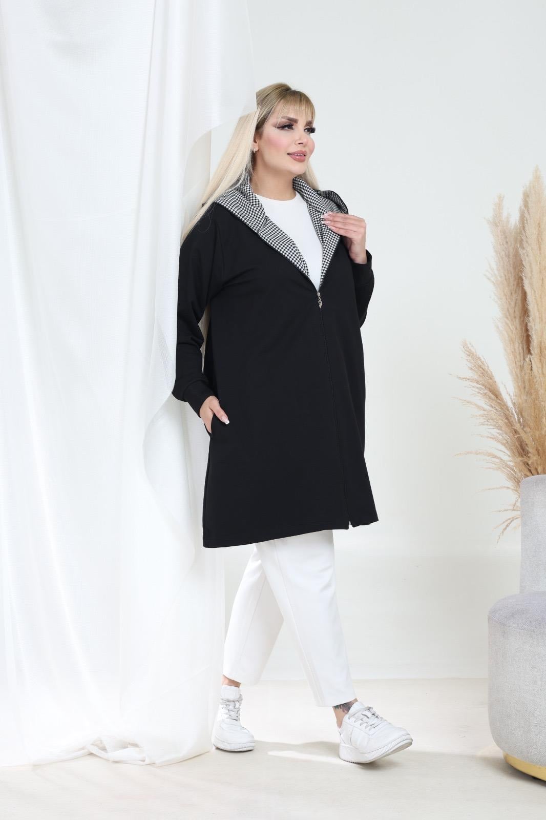 Kareli kapşonlu hırka 