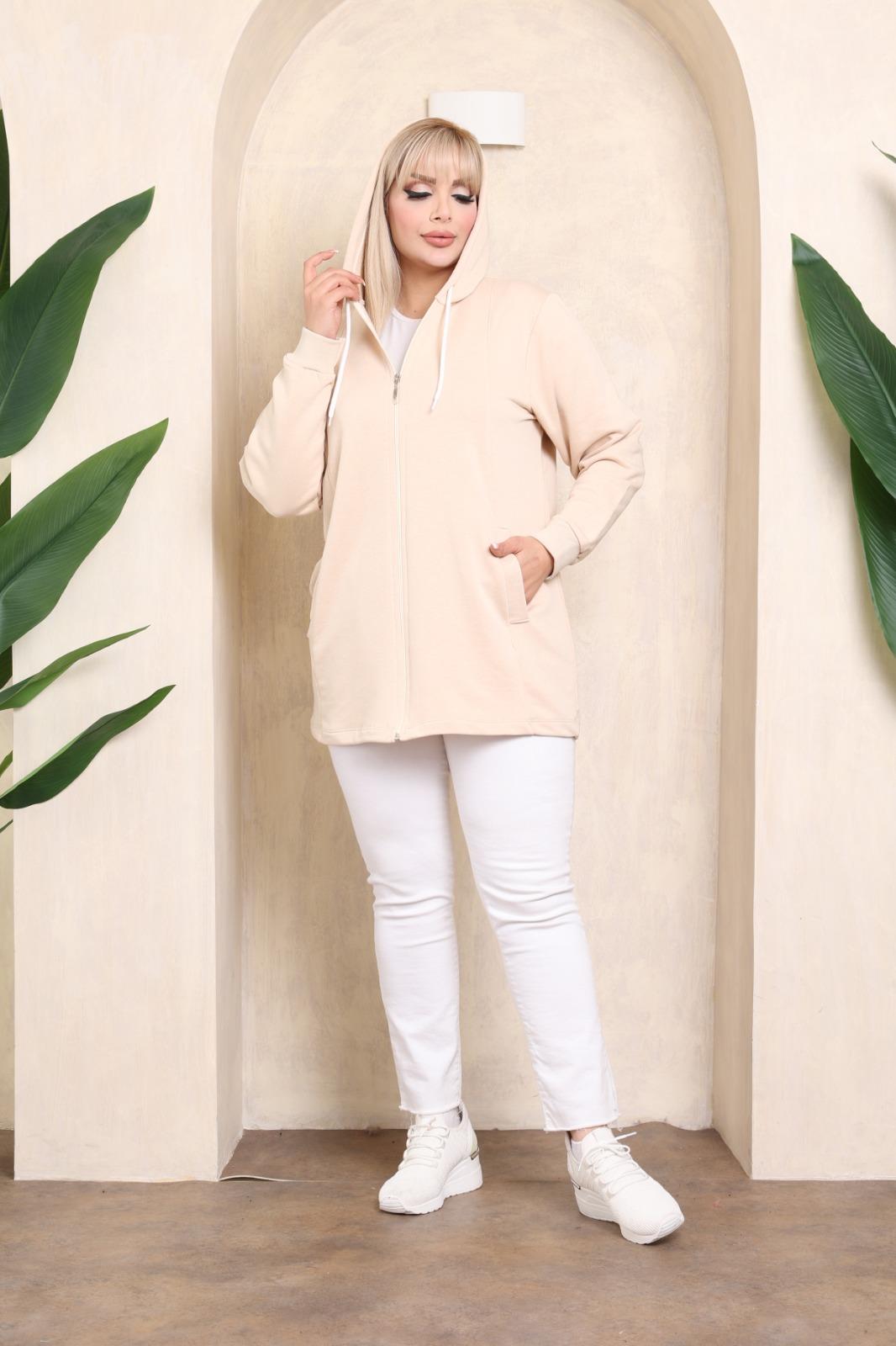 Krem kapşonlu sweat hırka 