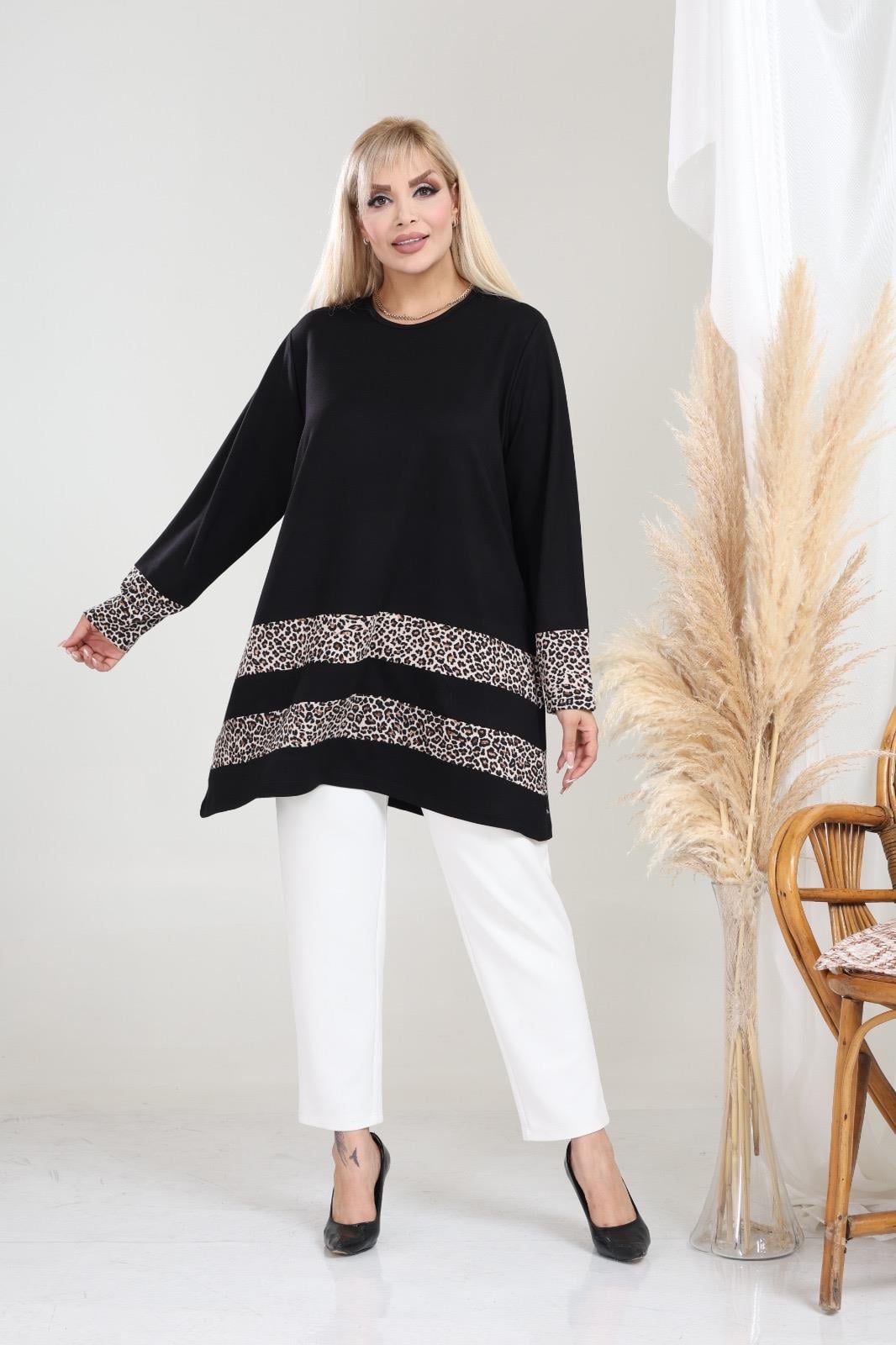 Leopar şerit detaylı bluz