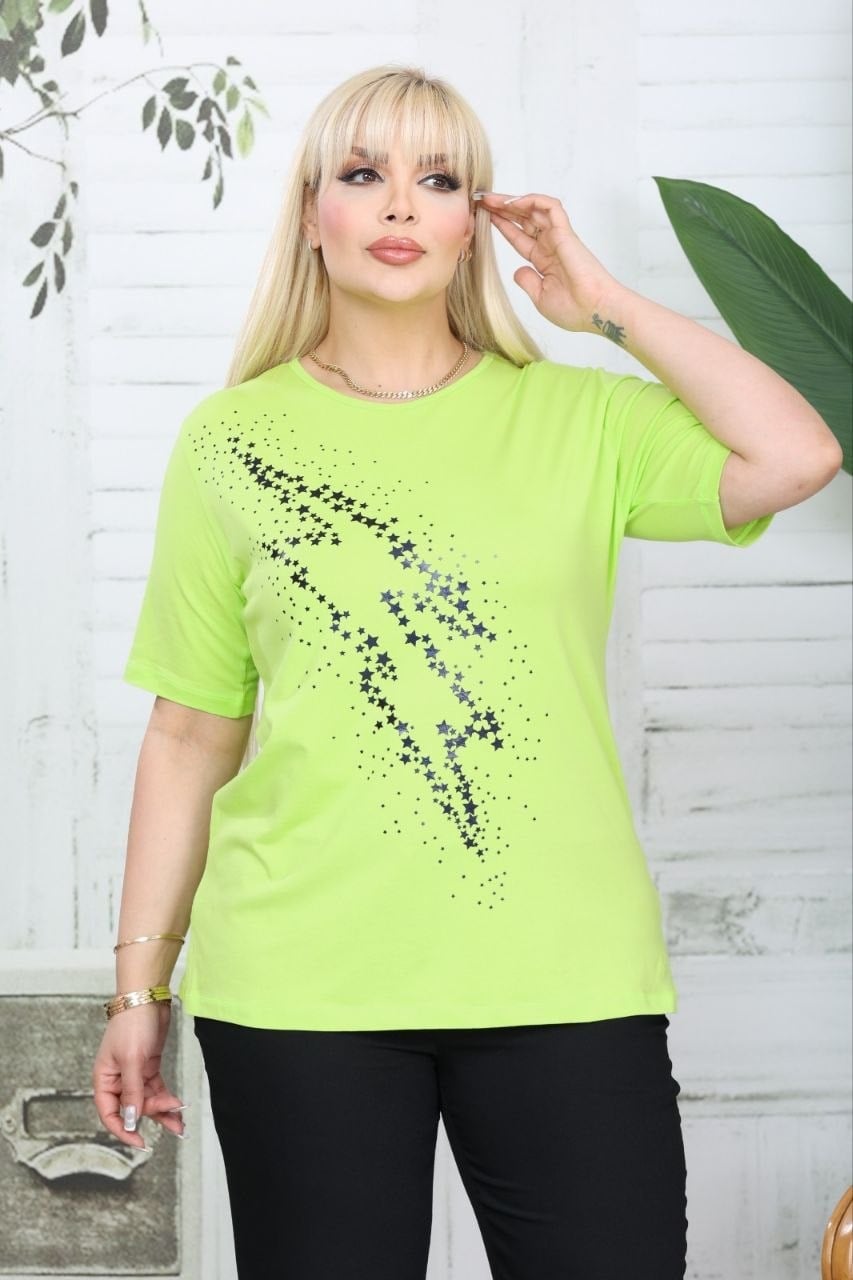 Neon sarı yıldız detaylı tişört 