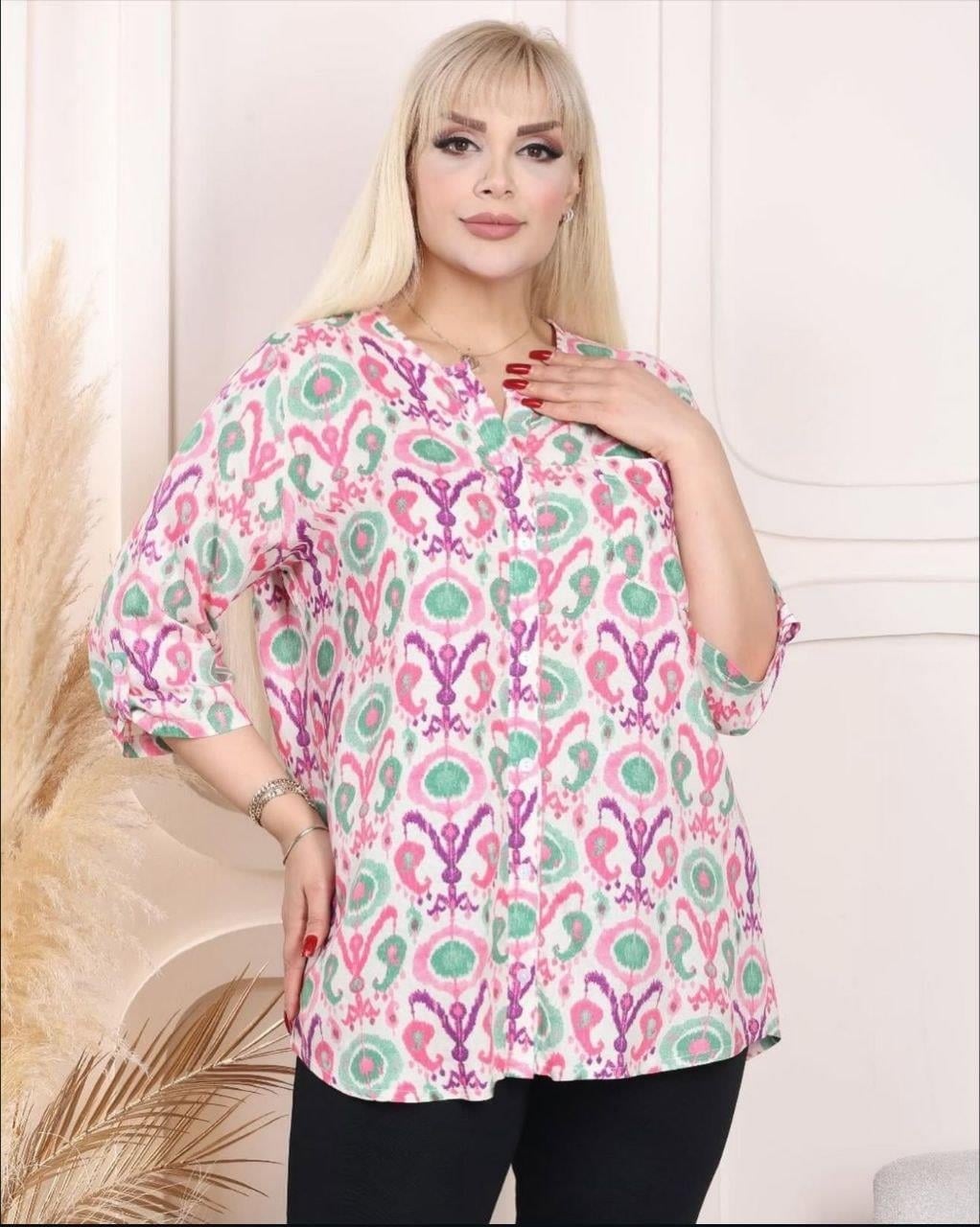 Pembe renk desenli gömlek bluz 