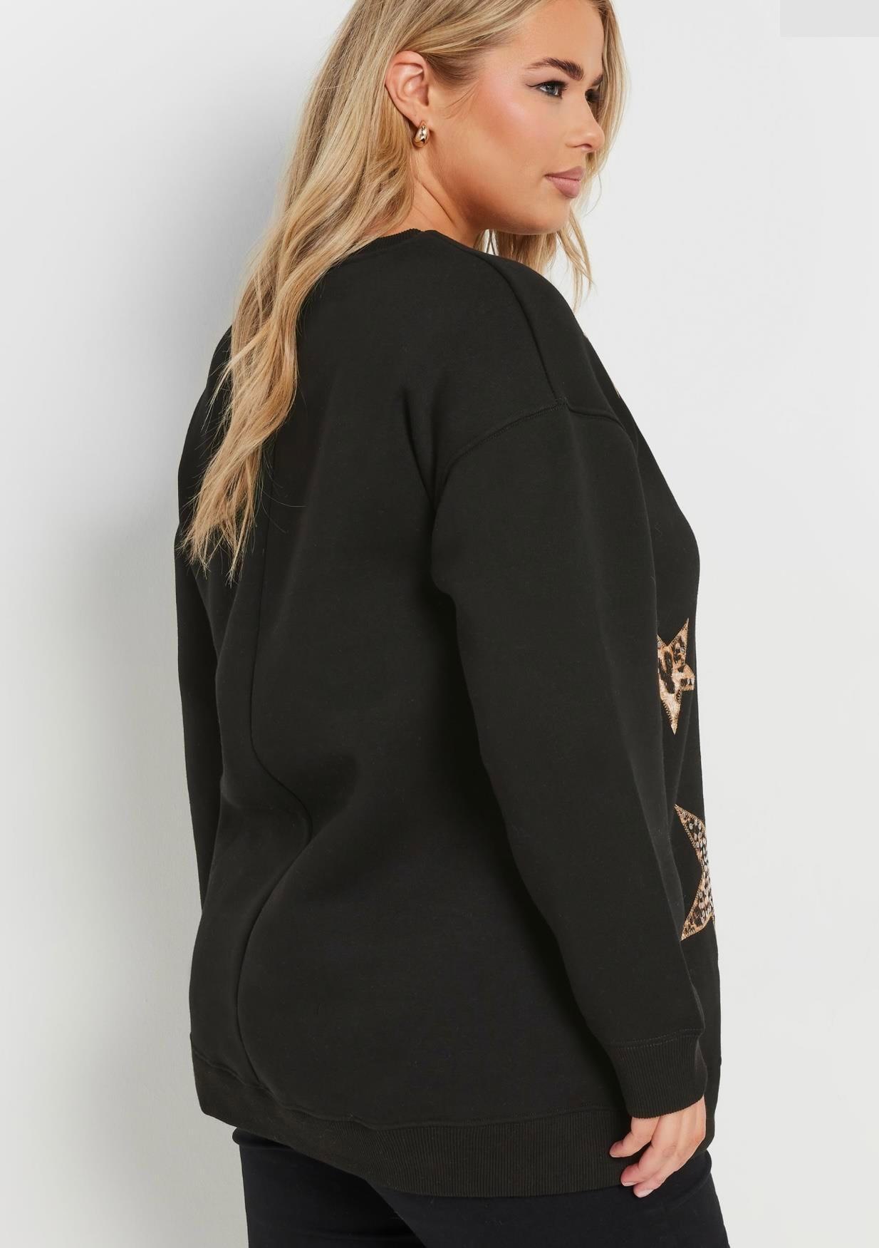 Siyah leopar yıldız baskılı kalın sweat 