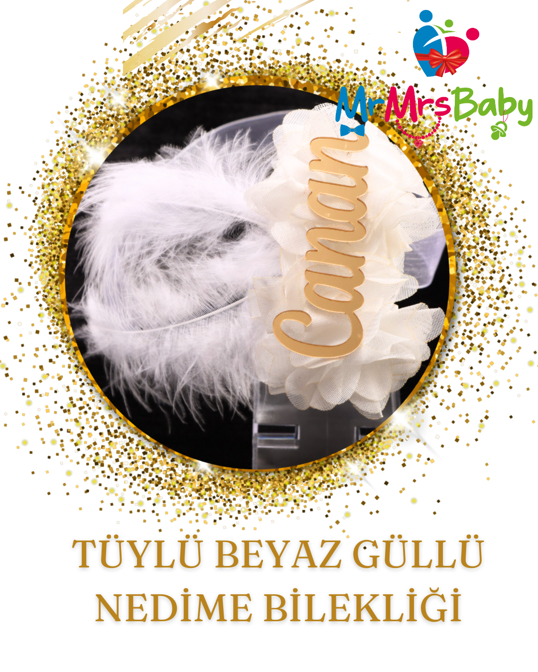 Beyaz İsimli Tüylü Lazer Güllü Nedime Bilekliği 10 Adet
