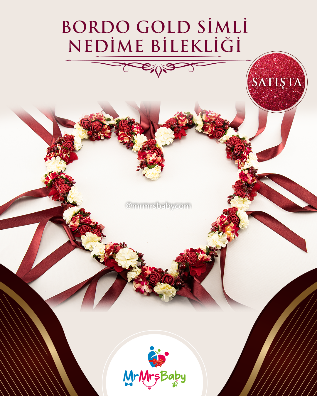 Bordo Çiçekli Nedime Bilekliği 10 Adet