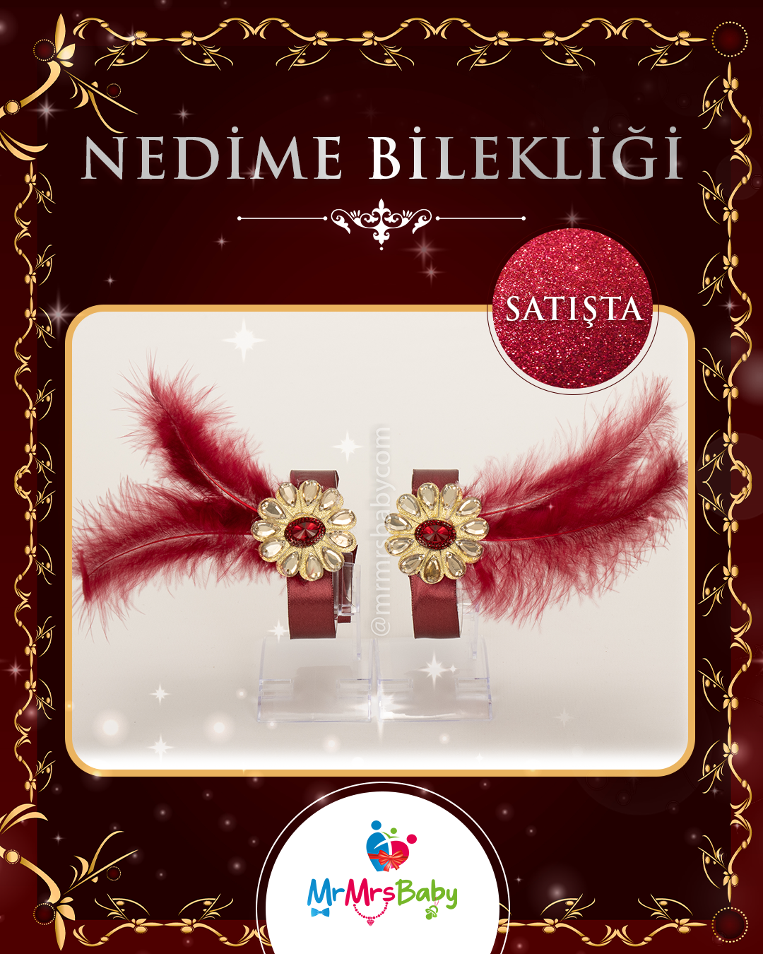 Bordo  Gold Çiçekli Tüylü Nedime Bilekliği 10 Adet