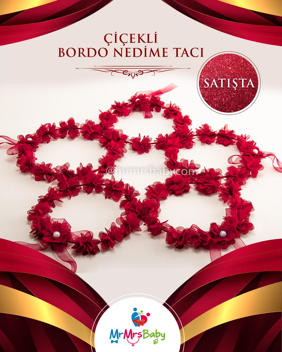 Bordo Lazer Güllü Yuvarlak Nedime Tacı 10 Adet
