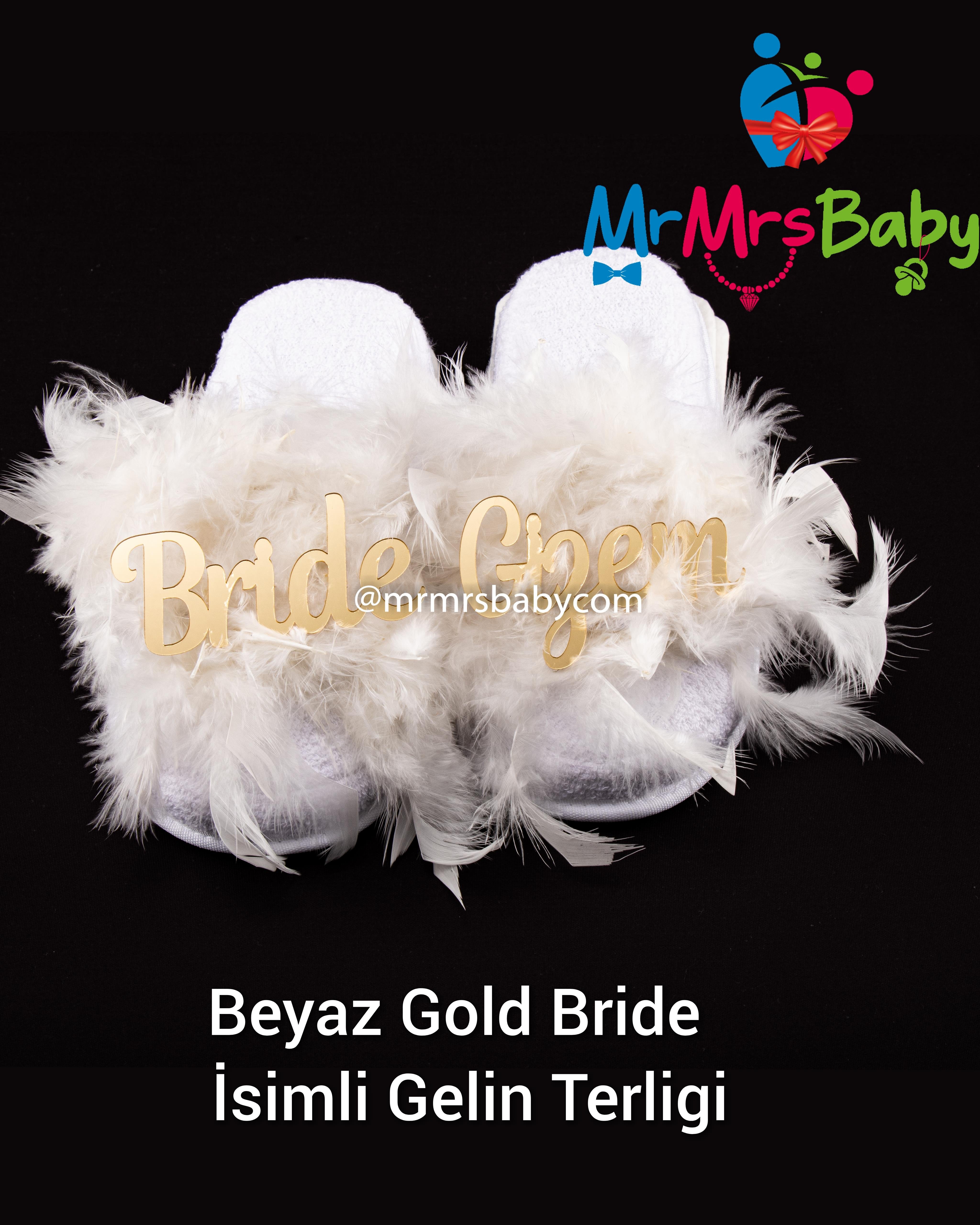 Bride Gold Pleksi  İsimli Lazer Güllü Gelin Terliği Beyaz