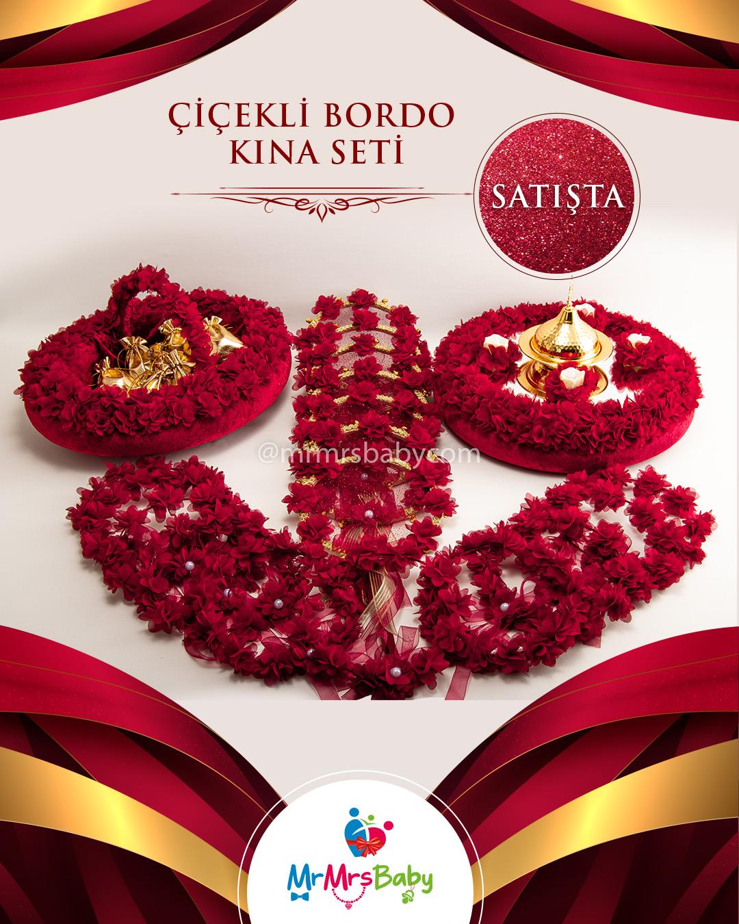 Çiçeli Bordo  Gold  Gelin Kına Seti