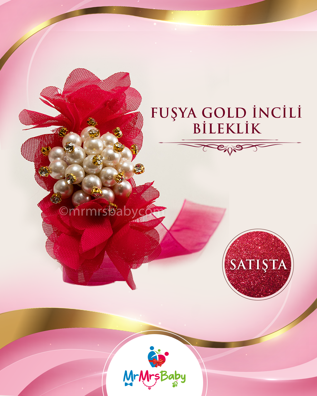 Fuşya Gold İncili Nedime Bilekliği