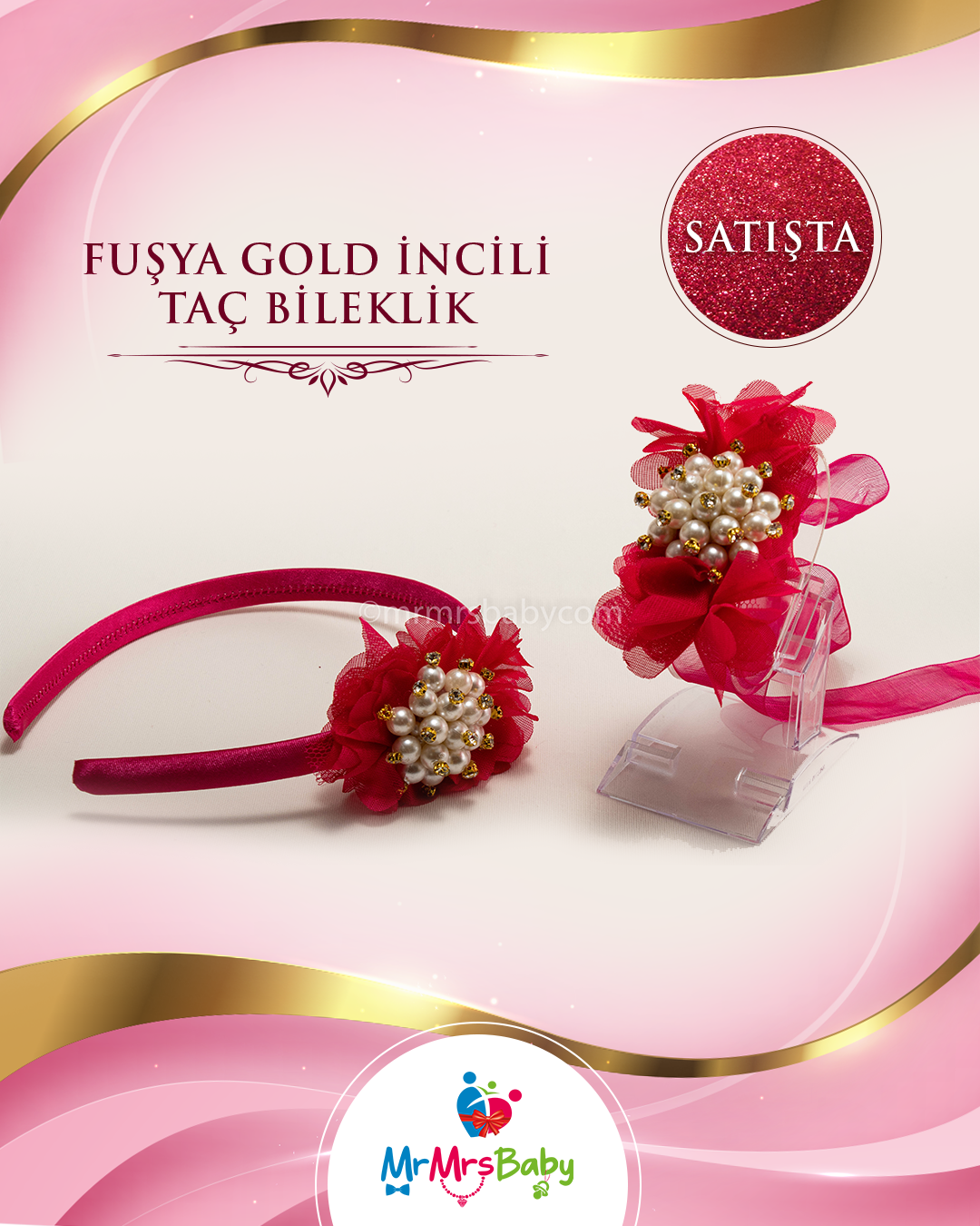 Fuşya Gold İncili Nedime Bilekliği