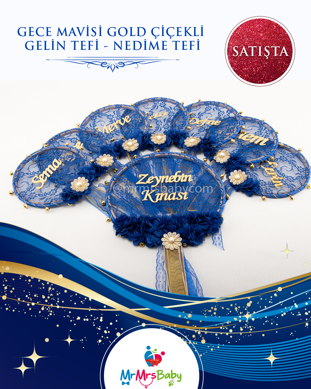 Gece Mavisi Dantelli Lazer Güllü Gold Çiçekli Pleksi İsimli Büyük Gelin Tefi