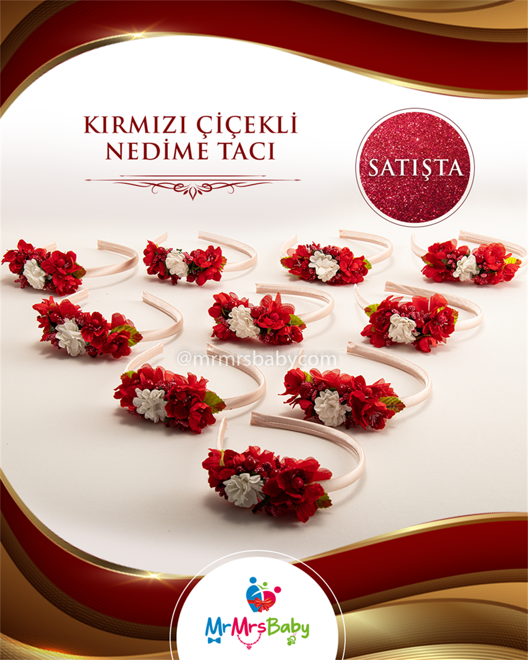 Kırmızı Beyaz Çiçekli Nedime Tacı 10 Adet