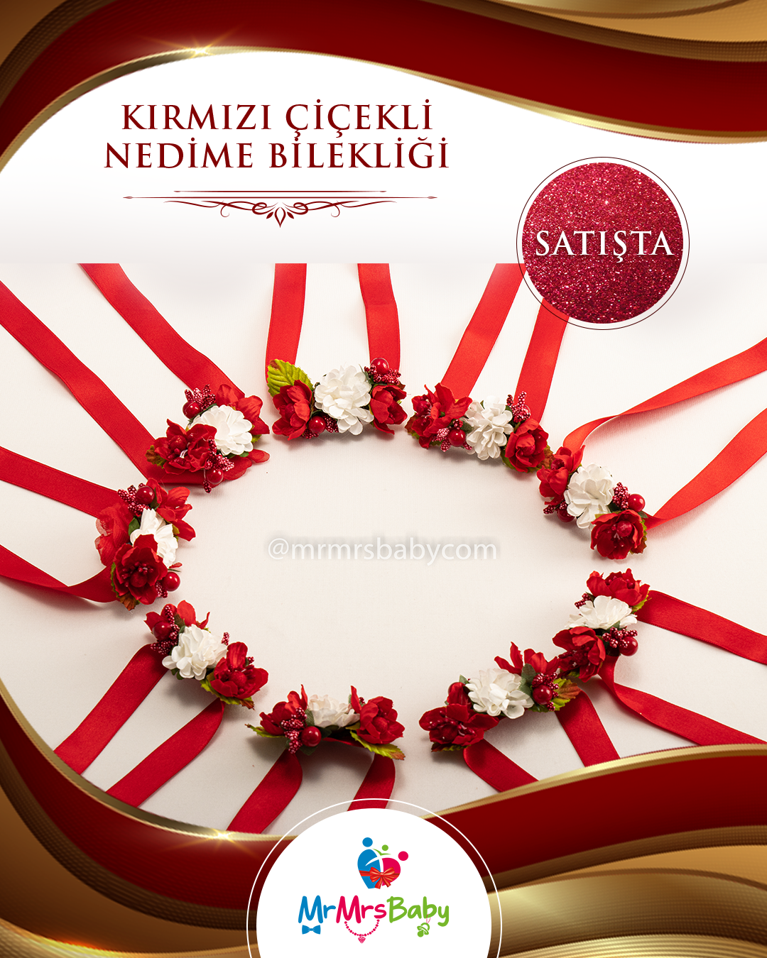Kırmızı Çiçekli Nedime Bilekliği 10 Adet