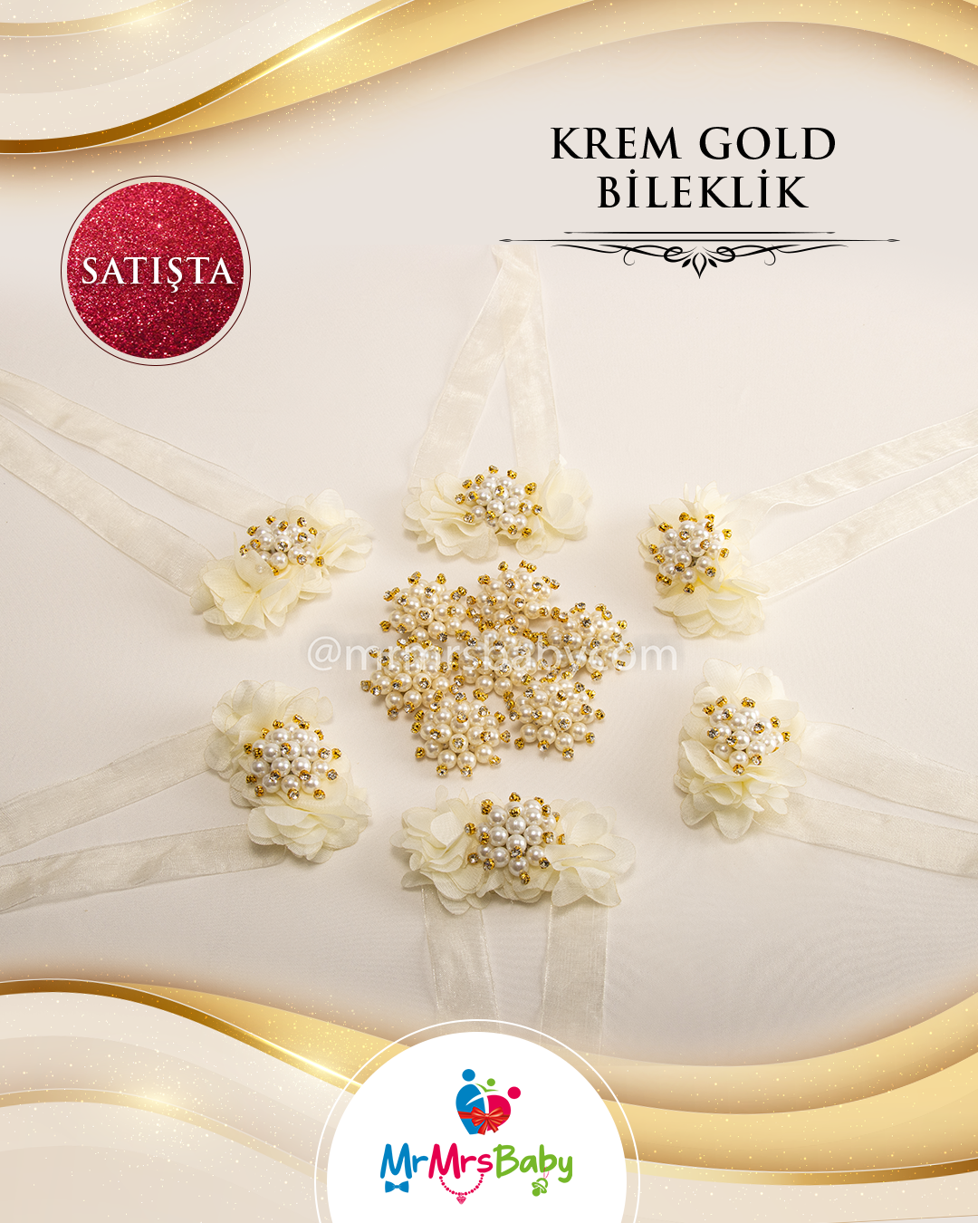 Krem Gold İncili Nedime Bilekliği 10 Adet