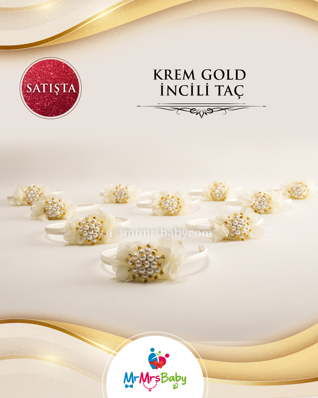 Krem İnci Çiçekli Nedime Taci 10 Adet