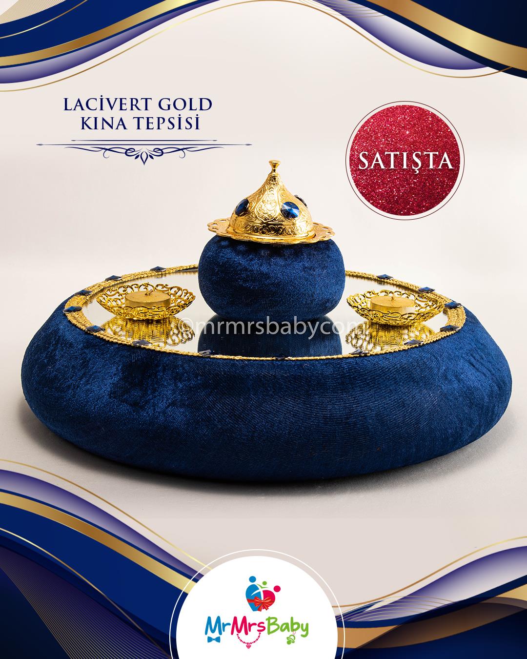Lacivert Gold Aynalı Kadife İkili Kına Sepeti