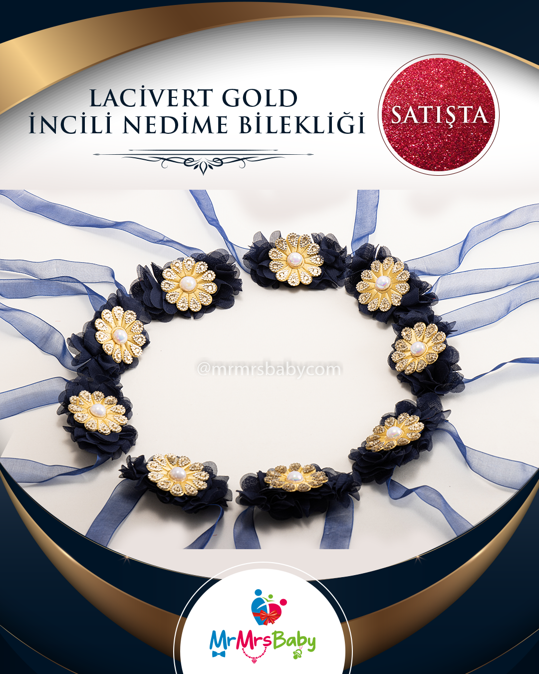 Lacivert Gold Çiçekli Nedime Bilekliği