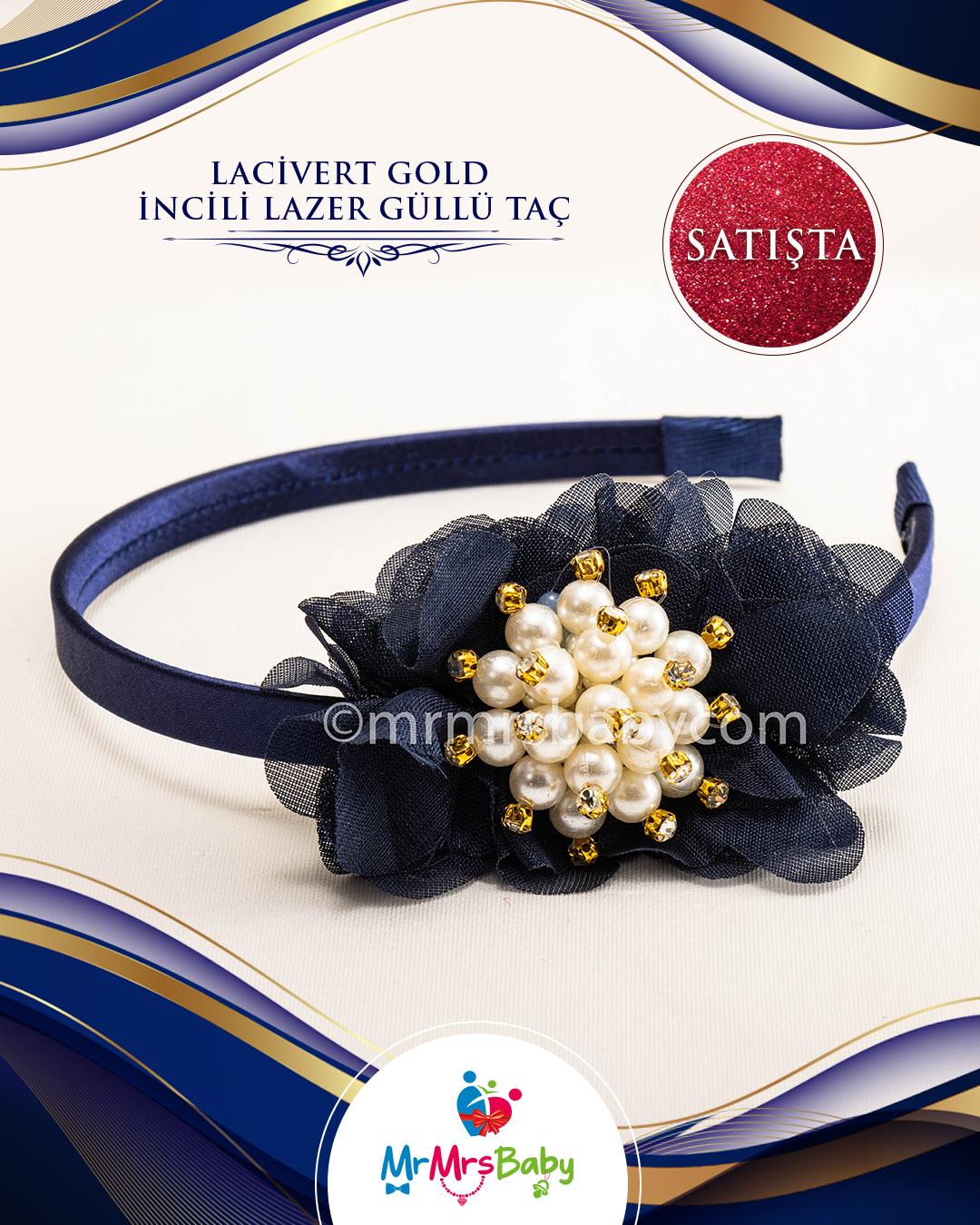 Lacivert Gold İncili Çiçekli Nedime Tacı