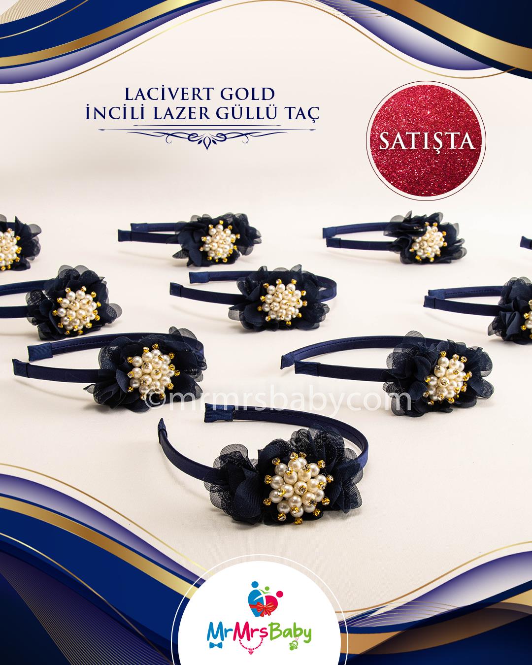 Lacivert Gold İncili Çiçekli Nedime Tacı