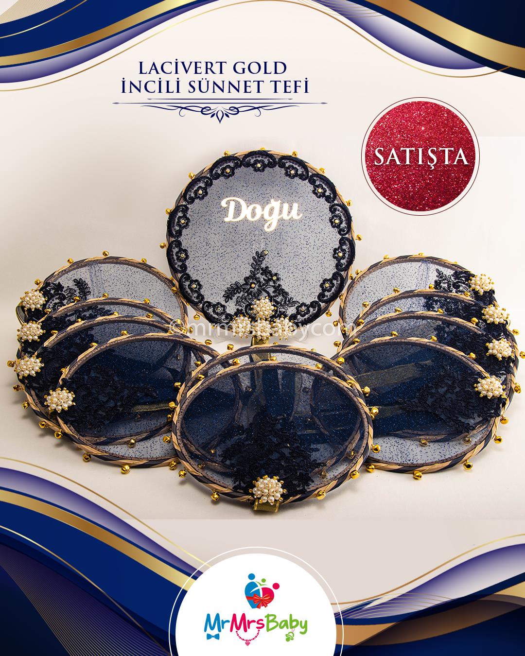Lacivert Gold İncili  Fransız Güpürlü İsimli Nedime Tefi