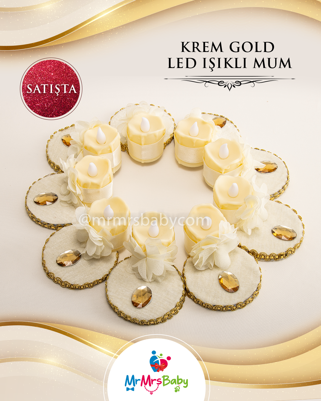 Led Işıklı Kadıfe Kaplı Krem Gold Kına Mumu