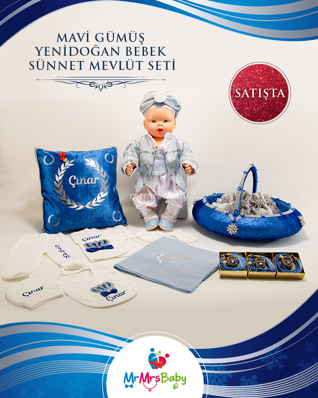 Mavi Gümüş Bebek Sünnet Mevlüt Seti