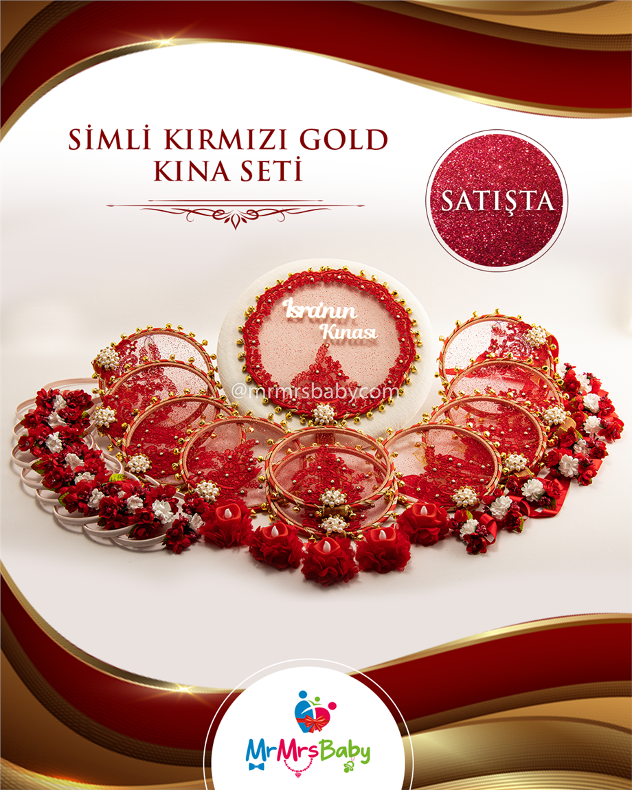 Simli Kırmızı Gold Kına Seti