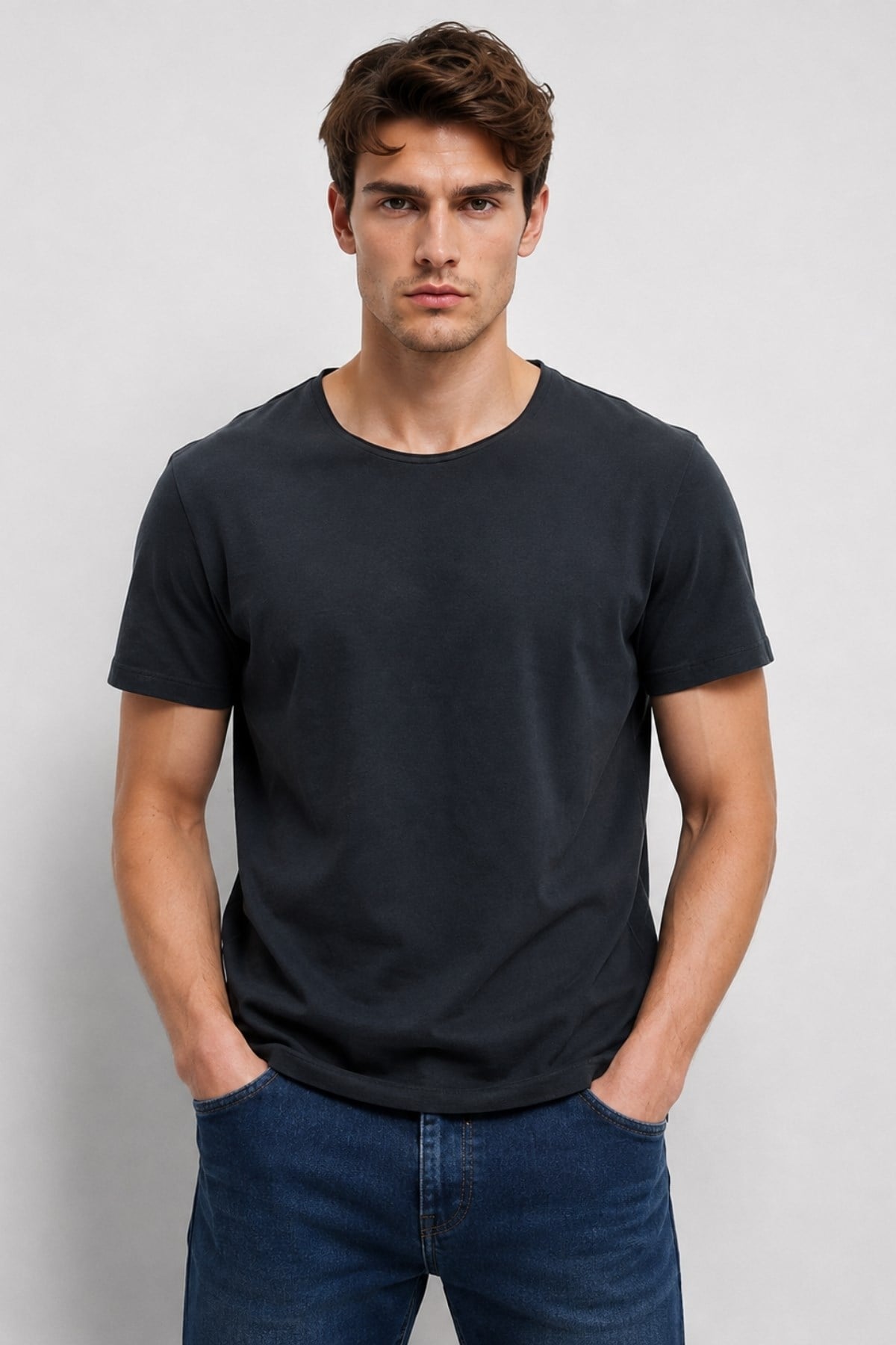 Antrasit Erkek Yıkamalı Basic T-shirt