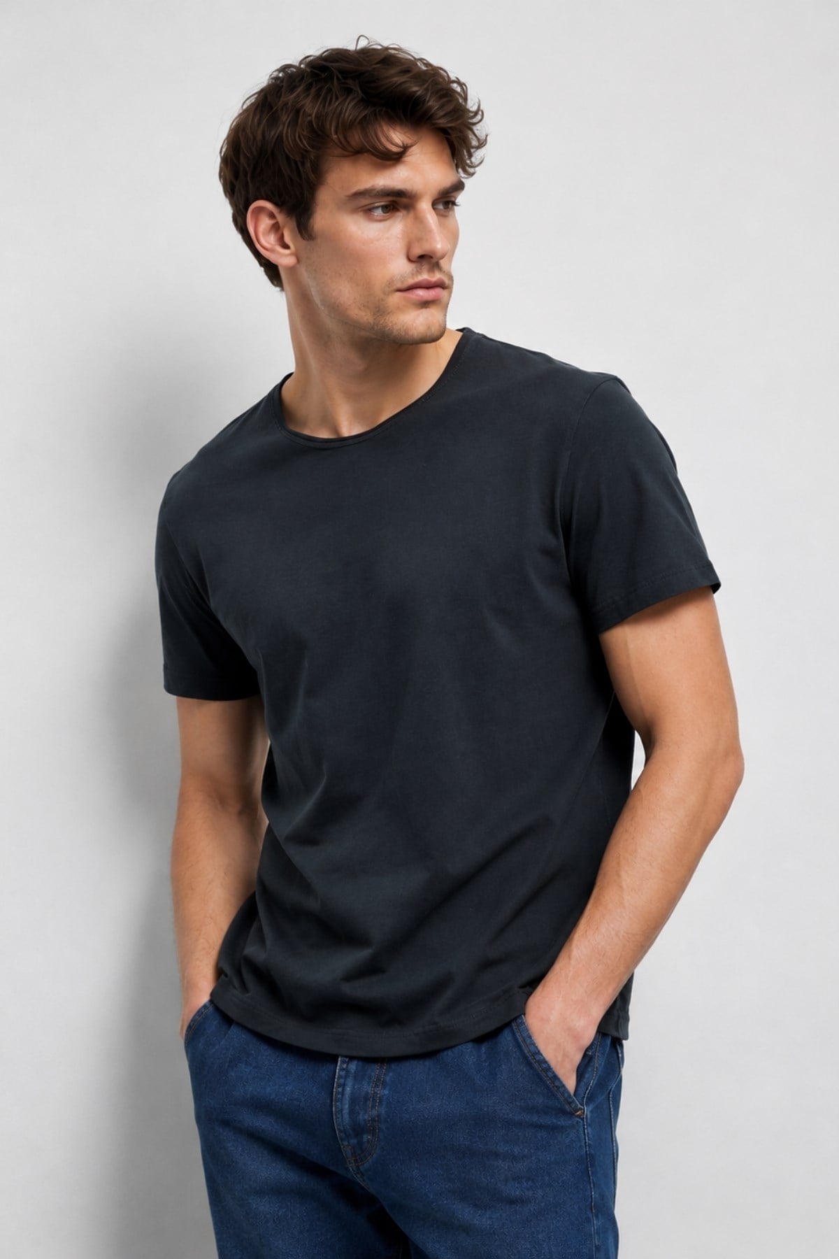 Antrasit Erkek Yıkamalı Basic T-shirt