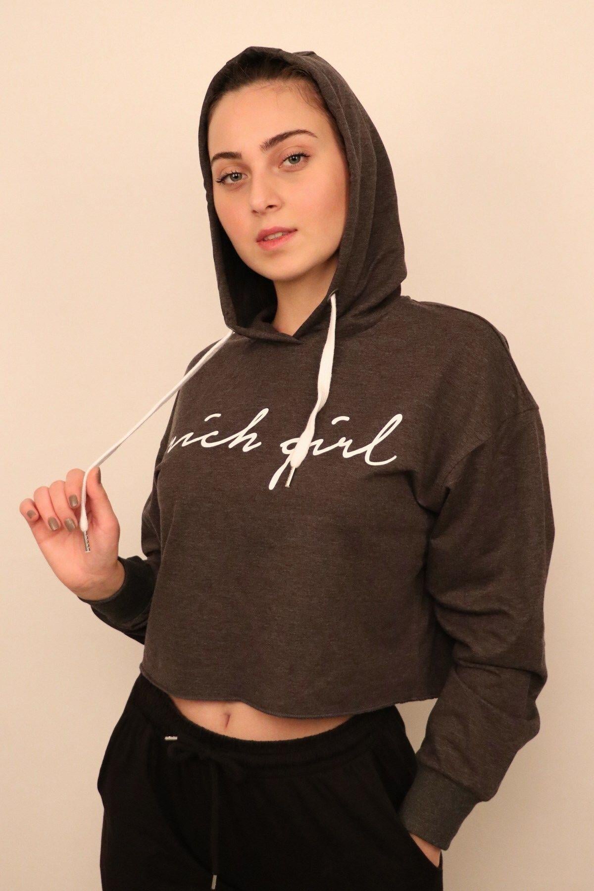 Antrasit Kadın Crop Sweatshirt